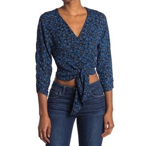 Parker Jasmine Blouse Womens M Blue Black Floral Tie Front Long Sleeve Boho